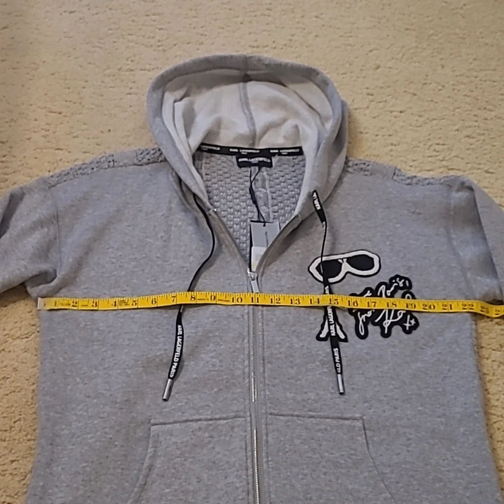 NWT Karl Lagerfeld Gray Hooded Sweater Jacket with Patches Size M - Picture 6 of 10